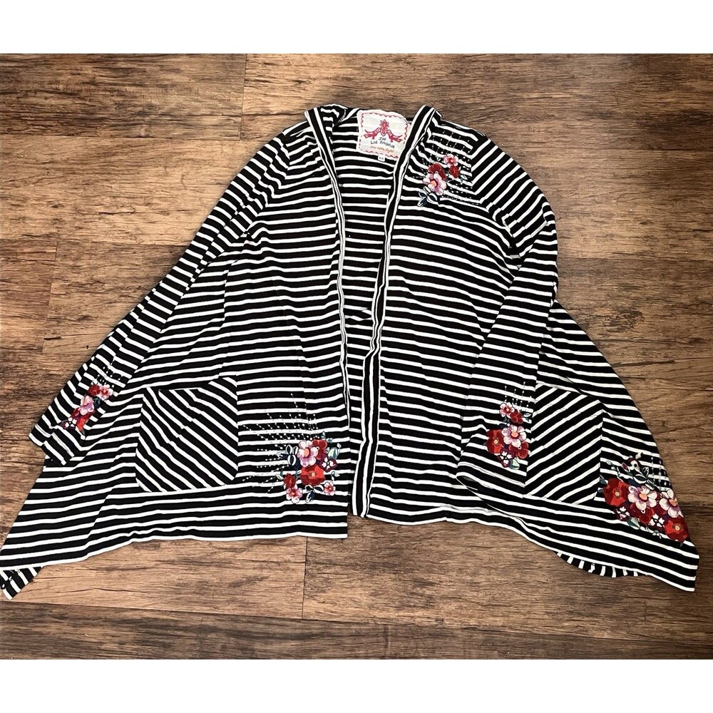 Johnny Was Black And White Stripe Hooded Cardigan Embroidery Size XS (like M)